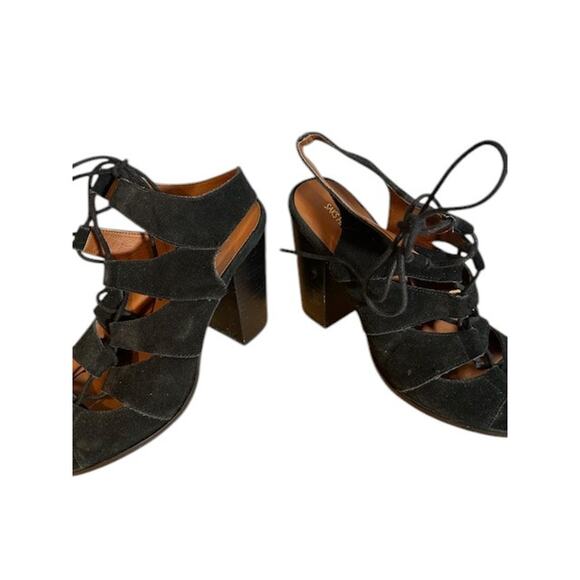 Saks Fifth Ave Black Leather Caged Lace up Block Chunky Heel Pumps Women Sz 7.5 - Picture 5 of 11